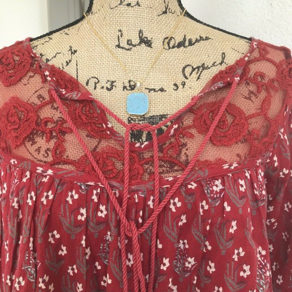 Free People Red Floral Peasant Tunic Dress Lace M - Picture 4 of 11